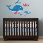 Kids initial monogram name with 2 whales and 4 fish vinyl wall decal cute for a nursery