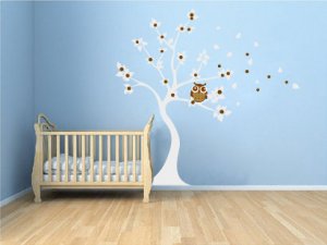 Kids tree vinyl wall decal blowing Winter white tree with owl