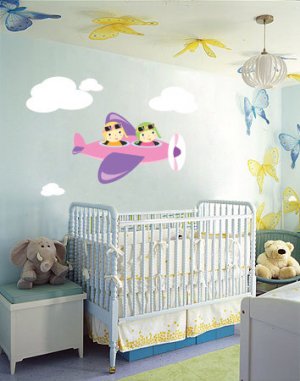 Kids banner vinyl wall decal Airplane with 2 kids and set of clouds
