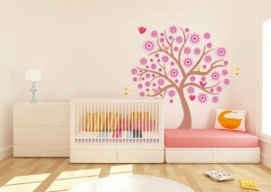 Kids tree vinyl wall decal with 10 penelope birds and JULIANNE flowers