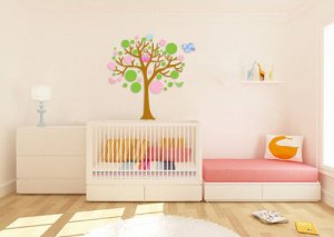Polka dot tree vinyl wall decal with owl birds butterfly's