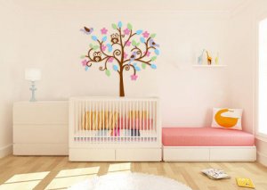 Kids tree vinyl wall decal with 3 birds 2 owls