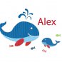 Kids initial monogram name with 2 whales and 4 fish vinyl wall decal cute for a nursery