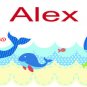 Kids initial monogram name with 3 whales and 9 fish and water vinyl wall decal cute for a nursery