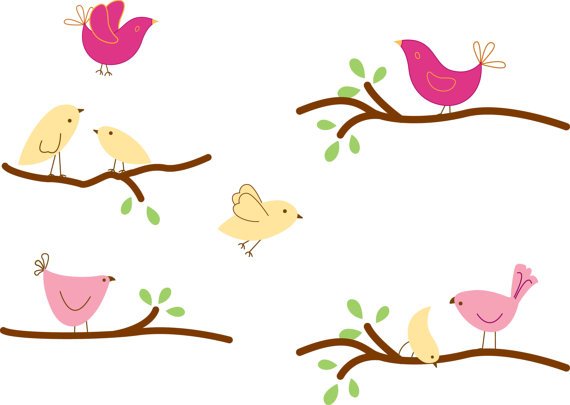 Kids tree branch set of 4 vinyl wall decal with 8 penelope birds