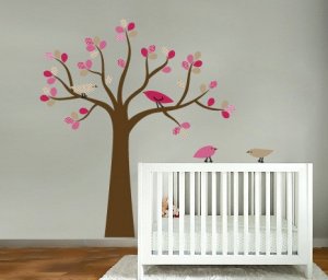 kids tree vinyl wall decal with 4 penelope birds Cute for nursery or girls room