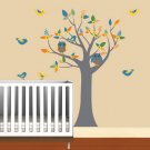 Nursery Kids tree vinyl wall decal with 2 owls flowers and 8 birds pattern leaves