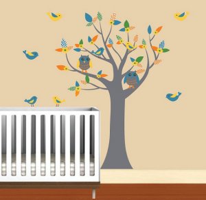 Nursery Kids tree vinyl wall decal with 2 owls flowers and 8 birds pattern leaves