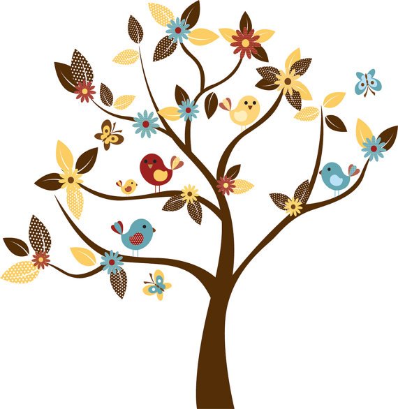 Kids tree vinyl wall decal with birds and garden daisy flowers and butterfly cute for any nursery