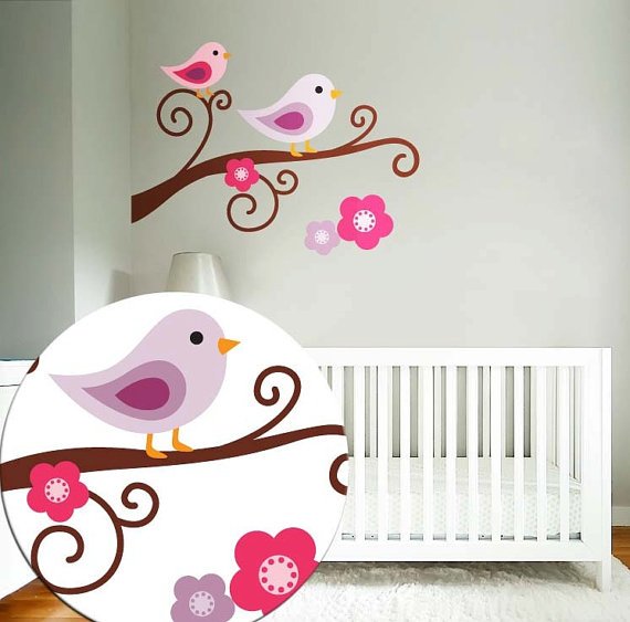 tree branch vinyl wall decal with 2 birds and flowers with BananaFish Woodland bedding