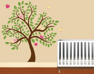 Kids childrens tree vinyl wall decal with 10 penelope birds and leaves 84" tall
