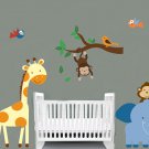 Kids removable vinyl wall decal Elephant Giraffe over crib Monkey Birds w/tree branch for nursery