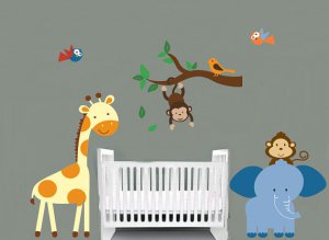 Kids removable vinyl wall decal Elephant Giraffe over crib Monkey Birds w/tree branch for nursery