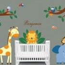 Kids removable vinyl wall decal Elephant Giraffe Monkey Lion Birds w/tree branches for nursery room