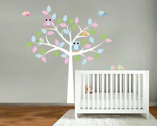 Nursery Kids Tree Vinyl Wall Decal With 6 Birds And 2 Owls With Big ...