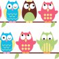 Kids set of 8 owls on a thin branch vinyl wall decal cute for a nursery