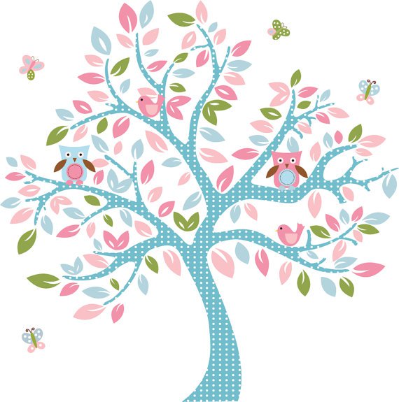 ON SALE Kids tree vinyl wall decal with owls and butterflys