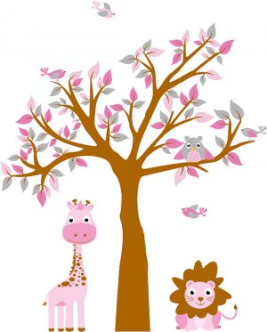 kids vinyl wall decal tree and tree branch with owls birds lion giraffe