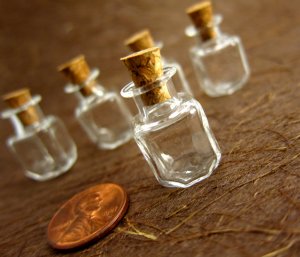 5 Tiny square bottles with cork and free eyehooks