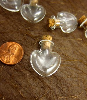 CUTE 5 Tiny HEART shaped glass vials with cork and free eyehooks