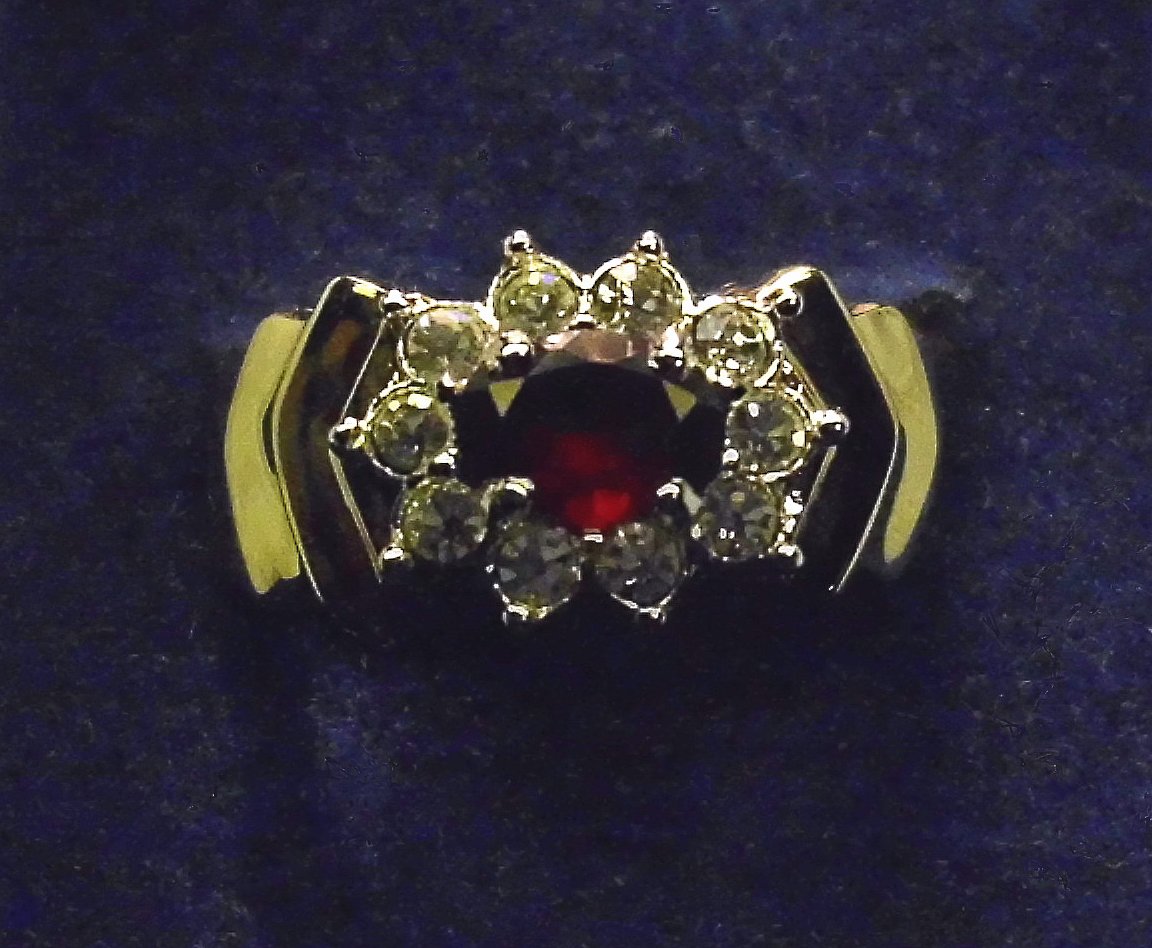 Arlene Dahl Garnet ring, gold plated, clear rhinestones, USA size 7_3/4 ...