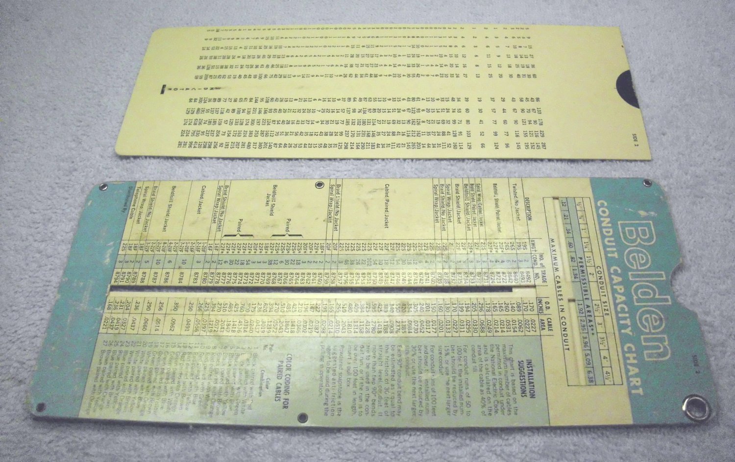 Belden wire, conduit capacity slide rule chart 1964, by Perrygraf.