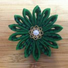 Green Polka Dot Kanzashi Flower Brooch