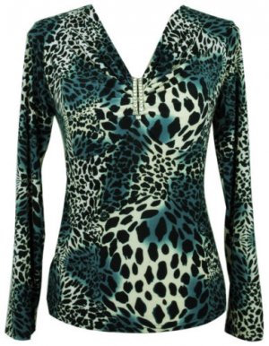 Blue Leopard Print Long Sleeve Knit Top Size S-XL
