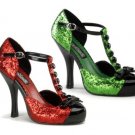 Pin Up Girl 4 1/2" Heel Hidden Platform T-Strap D'orsay Glitter Pump w/ Mini Bow