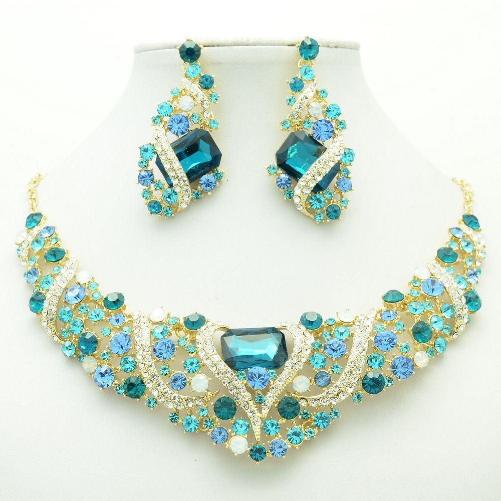 Cute Flower Necklace Earring Set Blue Rhinestone Crystal For Spring
