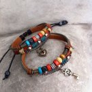 New Handmade set  leather Lock Key couple bracelets  WOOD BEAD for him and for her  FREE SHIPPING