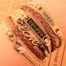 New Antique Friendship Infinity LOVE DREAM BELIEVE Charm Leather Multilayer Bracelet