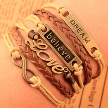 New Antique Friendship Infinity LOVE DREAM BELIEVE Charm Leather Multilayer Bracelet