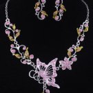 New fashion Pink butterfly flower necklace earrings set free shipping
