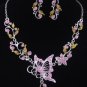 New fashion Pink butterfly flower necklace earrings set free shipping