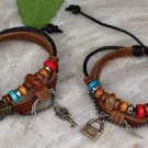 New set leather keys couple bracelets  WOOD BEAD for him and for her  FREE SHIPPING