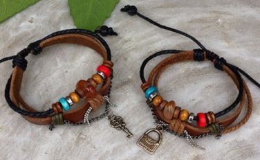 New set leather keys couple bracelets  WOOD BEAD for him and for her  FREE SHIPPING
