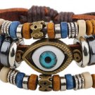 New Handmade Leather charm blue evil eye Wood bead cuff bracelet