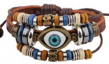 New Handmade Leather charm blue evil eye Wood bead cuff bracelet