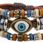 New Handmade Leather charm blue evil eye Wood bead cuff bracelet