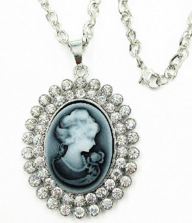 Vintage style Cameo Crystal Pendant long Necklace