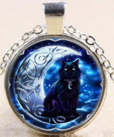 Adorable Black Cat on Celtic Moon charm Stereoscopic Unisex silver color Pendant Necklace