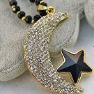 ADORABLE UNIQUE Full Crystal Moon Star Bead Chain Pendant Long Necklace