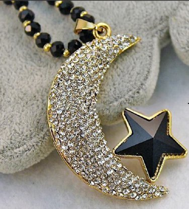 ADORABLE UNIQUE Full Crystal Moon Star Bead Chain Pendant Long Necklace