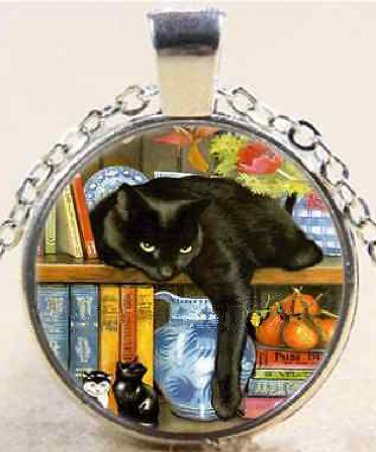 Amazing New  Black cat on bookshelf charm Unisex Pendant Silver color Necklace