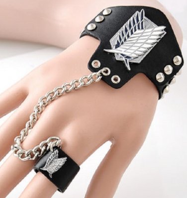 Attack on Titan Wings Punk Leather wrist bracelet with finger ring