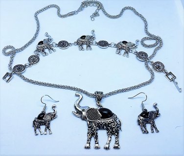 Matching Elephant Black Pendant Necklace Bracelet Earring Set