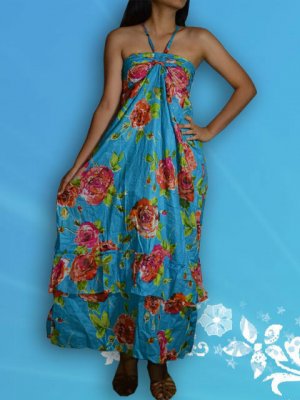 272 Boho Halter Floral Print Blue Turquoise Maxi Sundress