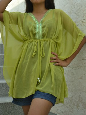 642 Light Green Chiffon Caftan Kaftan Kimono Tunic Cover-ups Top XL