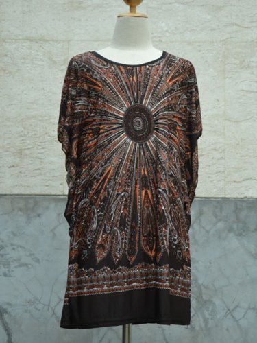 846 Brown Round-Neckline Polyester Kimono Kaftan Caftan Cover-up Tunic Top